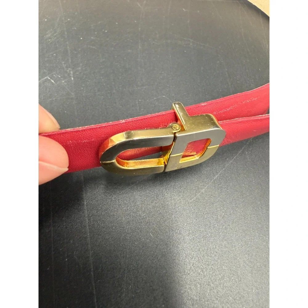 Vintage 80's CHRISTIAN DIOR Red Leather Belt Two-Toned CD Buckle Silver and Gold